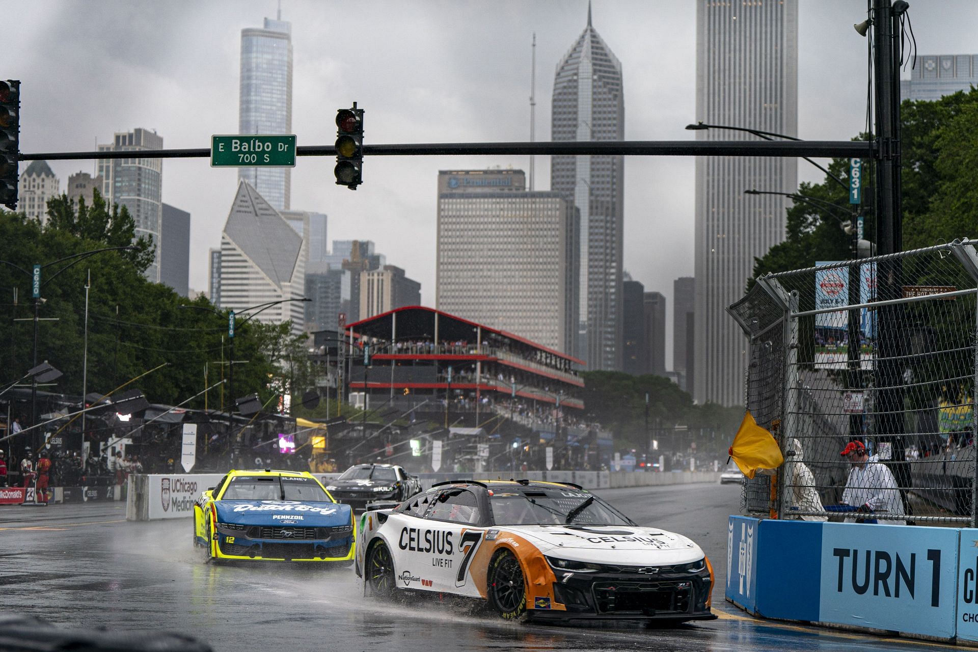 Corey LaJoie in the #7 Spire Motorsports Celsius Chevrolet at the Chicago Street Circuit on July 07, 2024. Source: Getty
